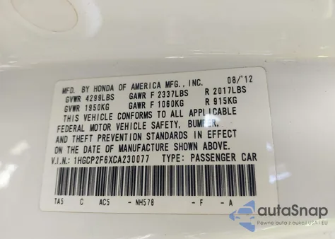 2012 Honda Accord 2.4 Se from USA, damaged, VIN 1HGCP2F6XCA230077